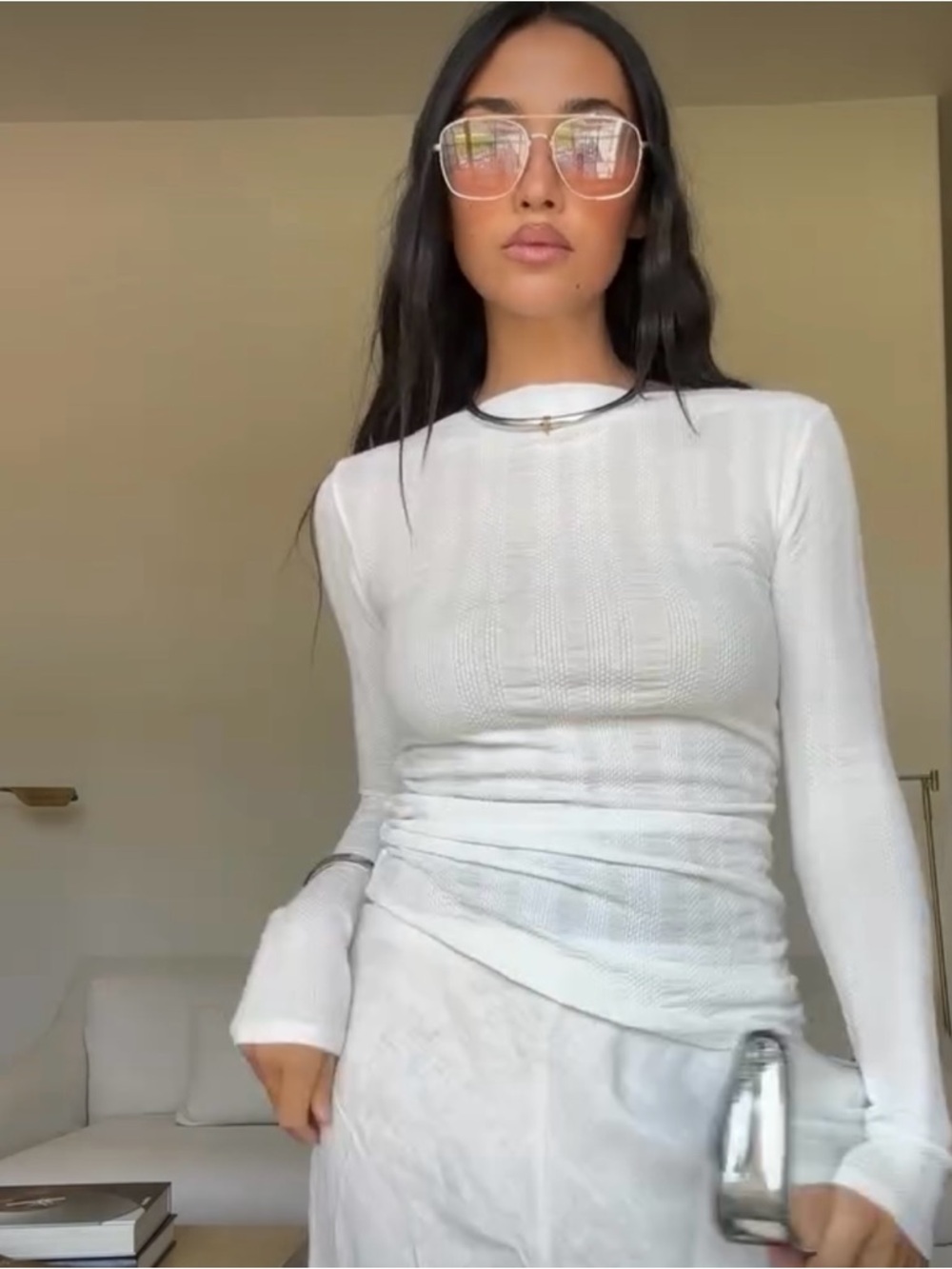 Urban Social White Shirred Long-Sleeve Boatneck Top